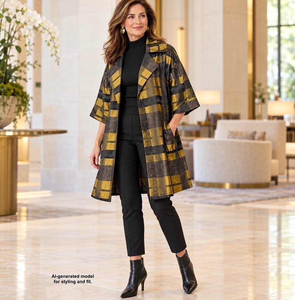 Damee Metallic Swing Coat Jacket XL Gold Black Art To Wear Lagenlook Pockets
